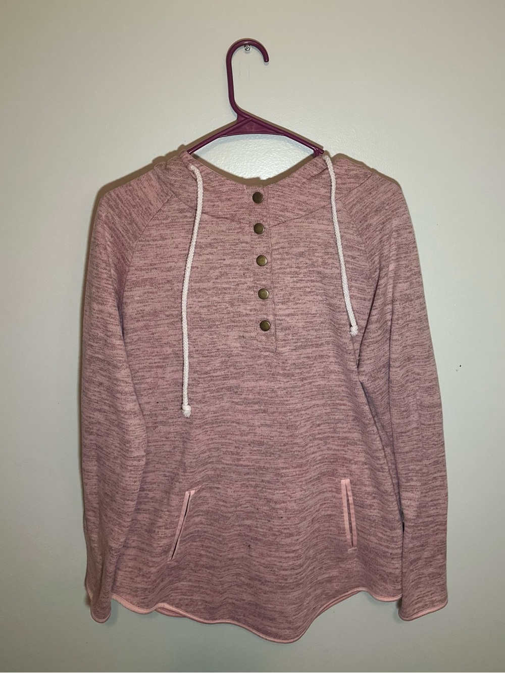 Women’s Pink Marled Hooded Pullover Snap Neck Sweatshirt Size Large